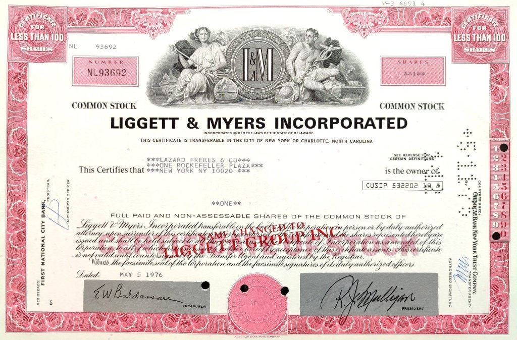 Liggett & Myers (L&M) Incorporated 1976, Timbres & Monnaies, Enlèvement ou Envoi, 1970 à nos jours, Certificat d'action