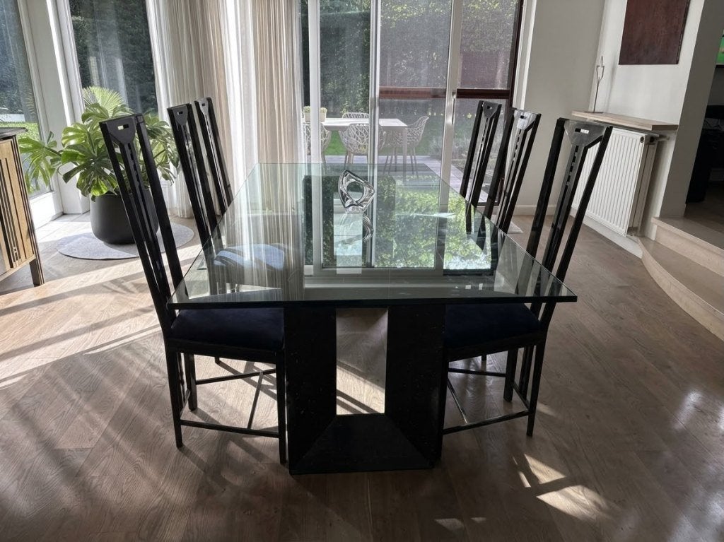 Glazen tafel + 6 Eetkamerstoelen Giorgetti, Ophalen, Italiaanse design, Gebruikt, 100 tot 150 cm