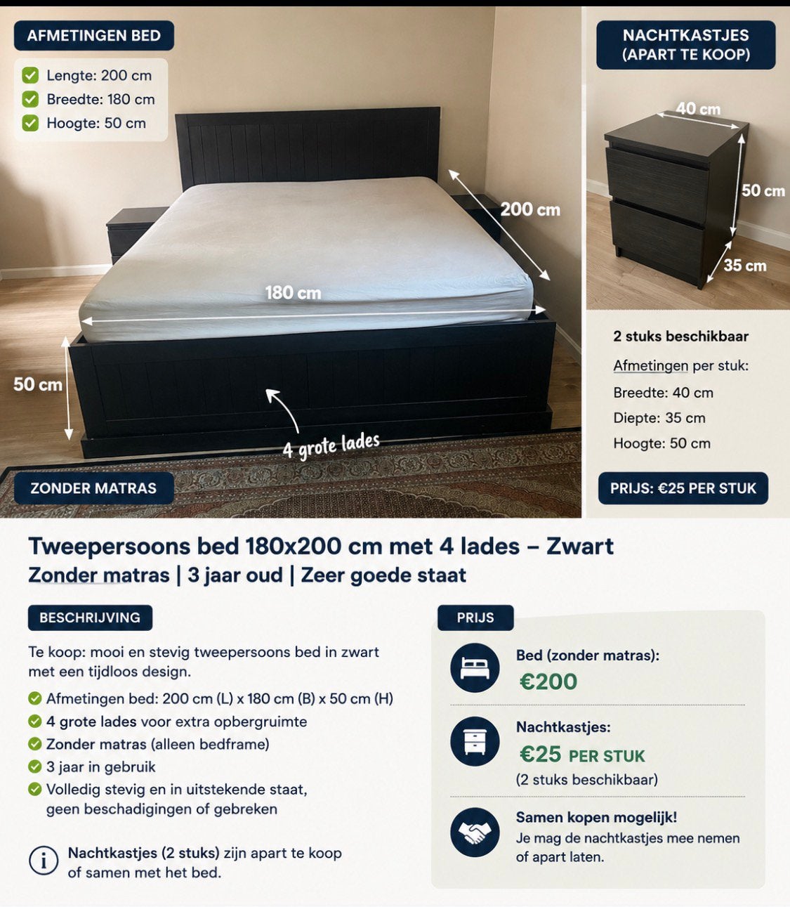Mooie tweepersoonsbed 180x200 cm met 4 grote lades, Ophalen, Zo goed als nieuw