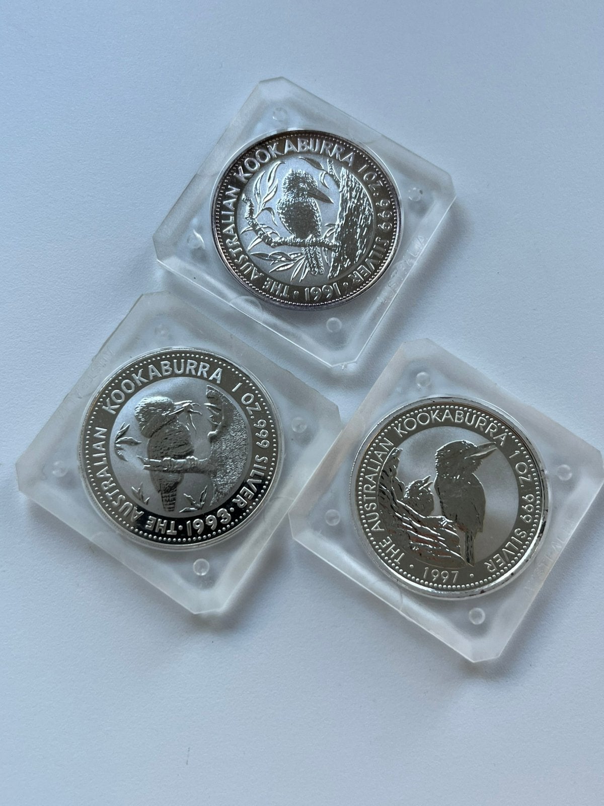 3 zilveren verzamelmunten 1oz Kookaburra 1991 1993 1997, Postzegels en Munten, Edelmetalen en Baren, Ophalen of Verzenden, Zilver