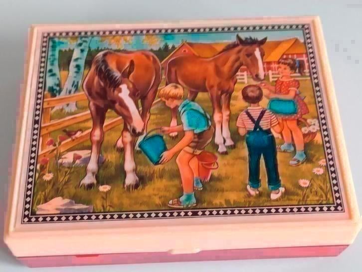 Retro houten blokkenpuzzel in box, Antiek en Kunst, Antiek | Speelgoed, Ophalen of Verzenden