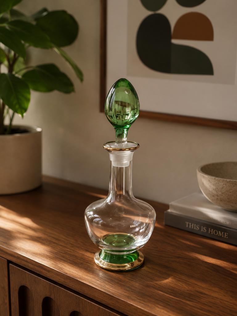 Carafe en verre vintage avec bouchon vert et bord doré, Enlèvement ou Envoi