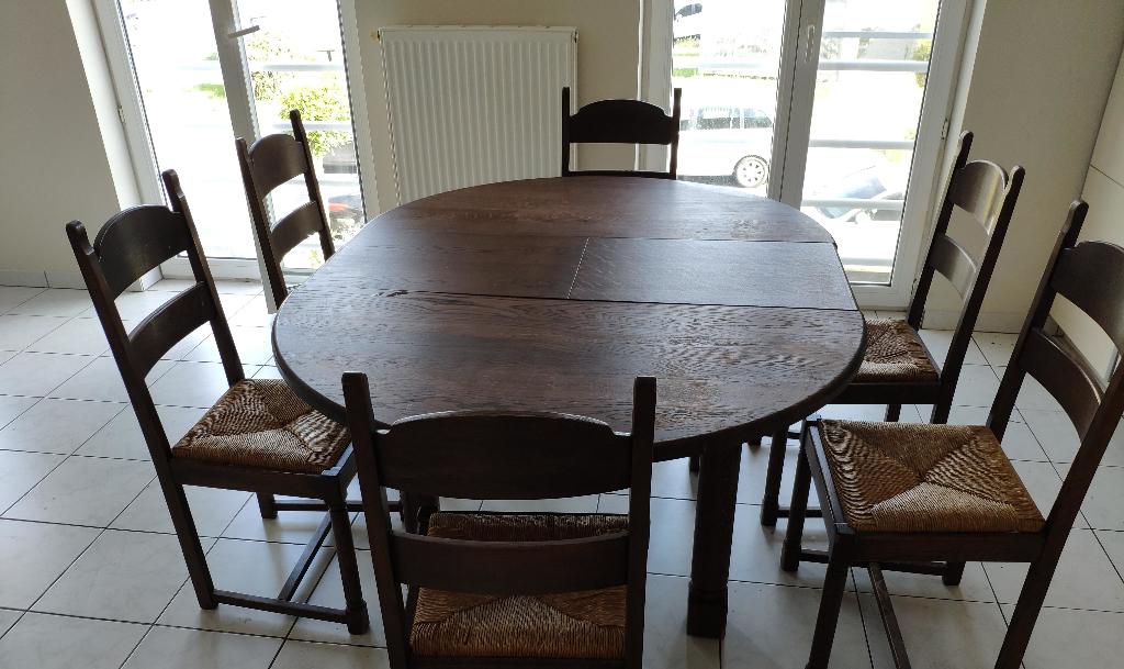 Massief eiken eettafel met 6 stoelen, Huis en Inrichting, Tafels | Eettafels, Ophalen, Gebruikt, 150 tot 200 cm, Landelijk