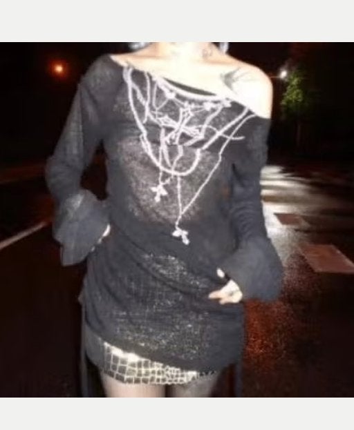 Prachtige vintage top zwart Gothic / Alt met tattoo print, Ophalen of Verzenden, Nieuw, Maat 36 (S), Zwart