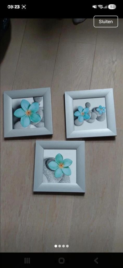 3 vierkant kader met bloemen 23 cm, Huis en Inrichting, Woonaccessoires | Lijsten, Ophalen of Verzenden, Minder dan 50 cm, Minder dan 50 cm