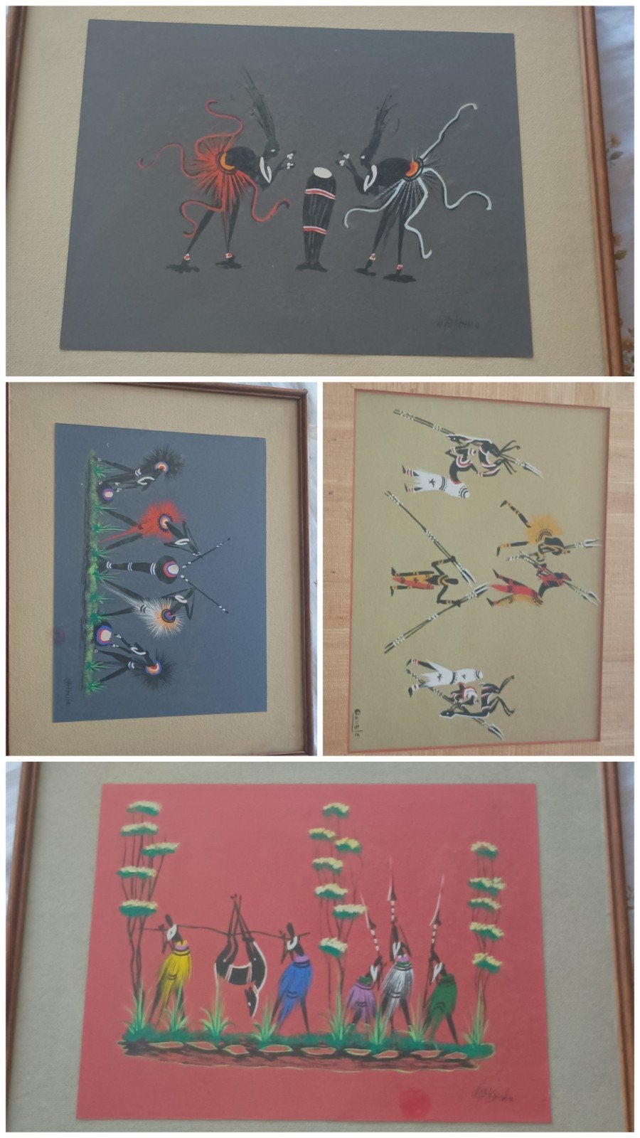 Set van 4 Unieke Mid-Century Afrikaanse Gouaches – Gesigneer, Antiek en Kunst, Gouache, Handgeschilderd, Ophalen of Verzenden