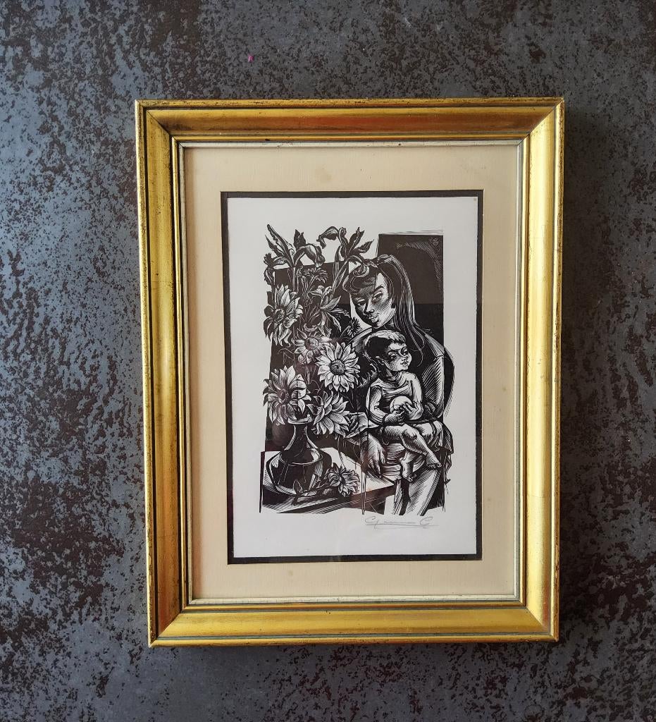 Houtsnede moeder en kind door Gerard Gaudaen (1927-2003), Antiek en Kunst, Ophalen of Verzenden