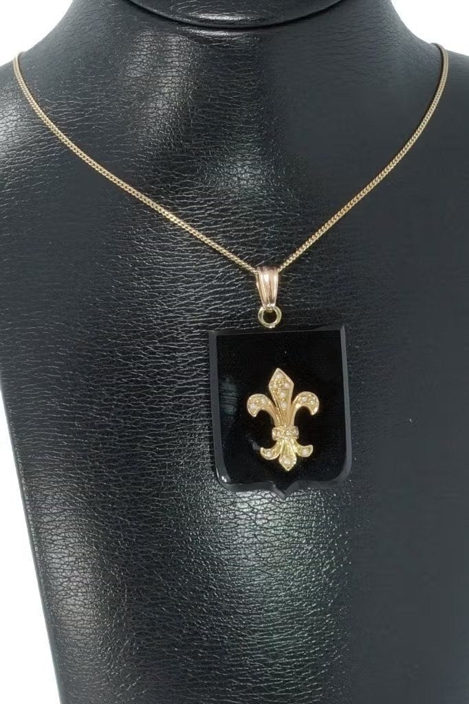 Onyx grote 14k fleur de lis ketting hanger foto medaillon, Ophalen of Verzenden, Hanger, Met edelsteen