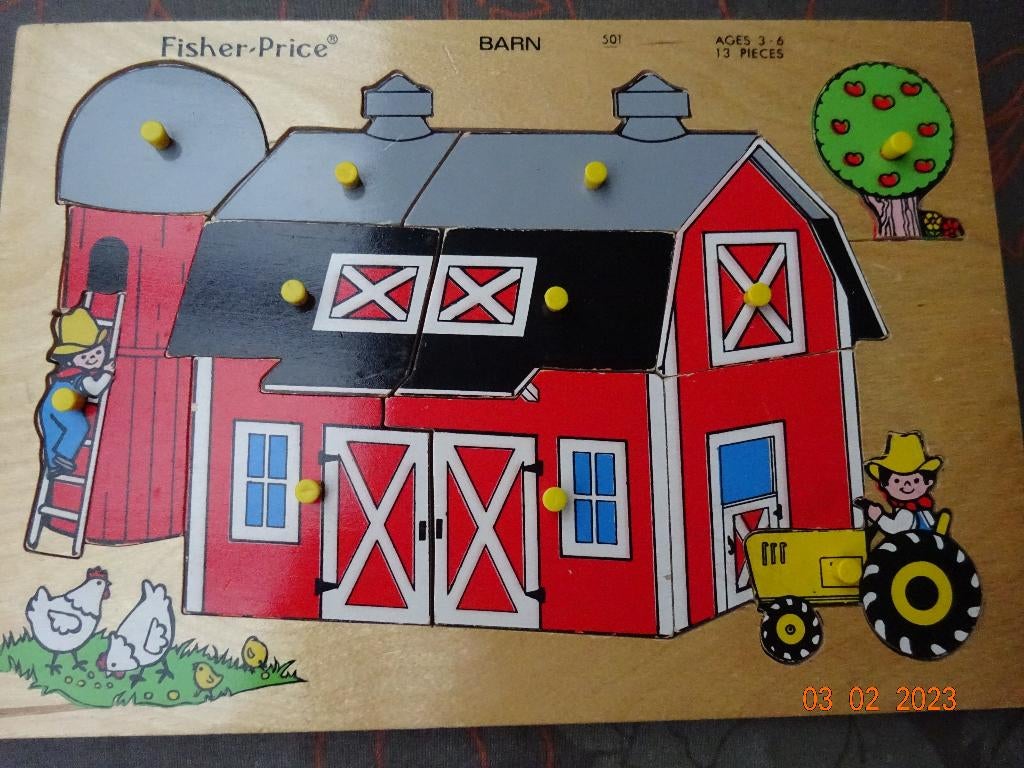 Fisher price, houten puzzel Farm-boerderij*VINTAGE*, Ophalen of Verzenden