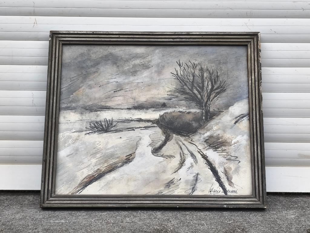 Aquarelle paysage enneigé signe marie wireau, Enlèvement ou Envoi