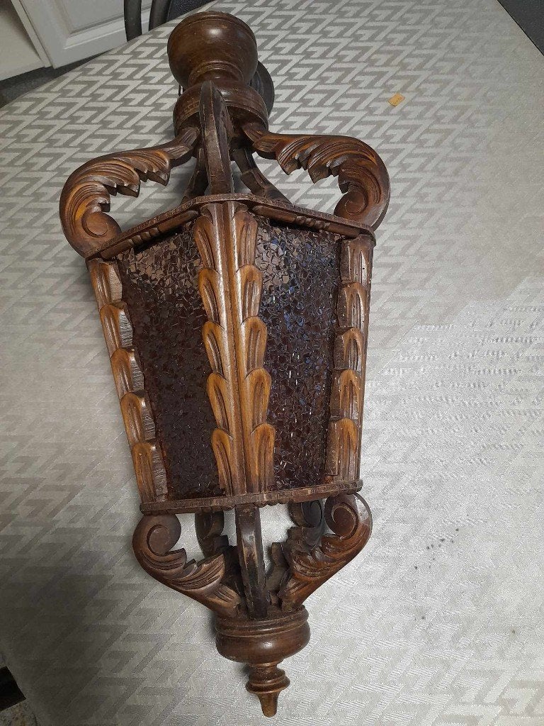 Houten luster met glas, Huis en Inrichting, Lampen | Kroonluchters, Ophalen of Verzenden, Zo goed als nieuw, Glas