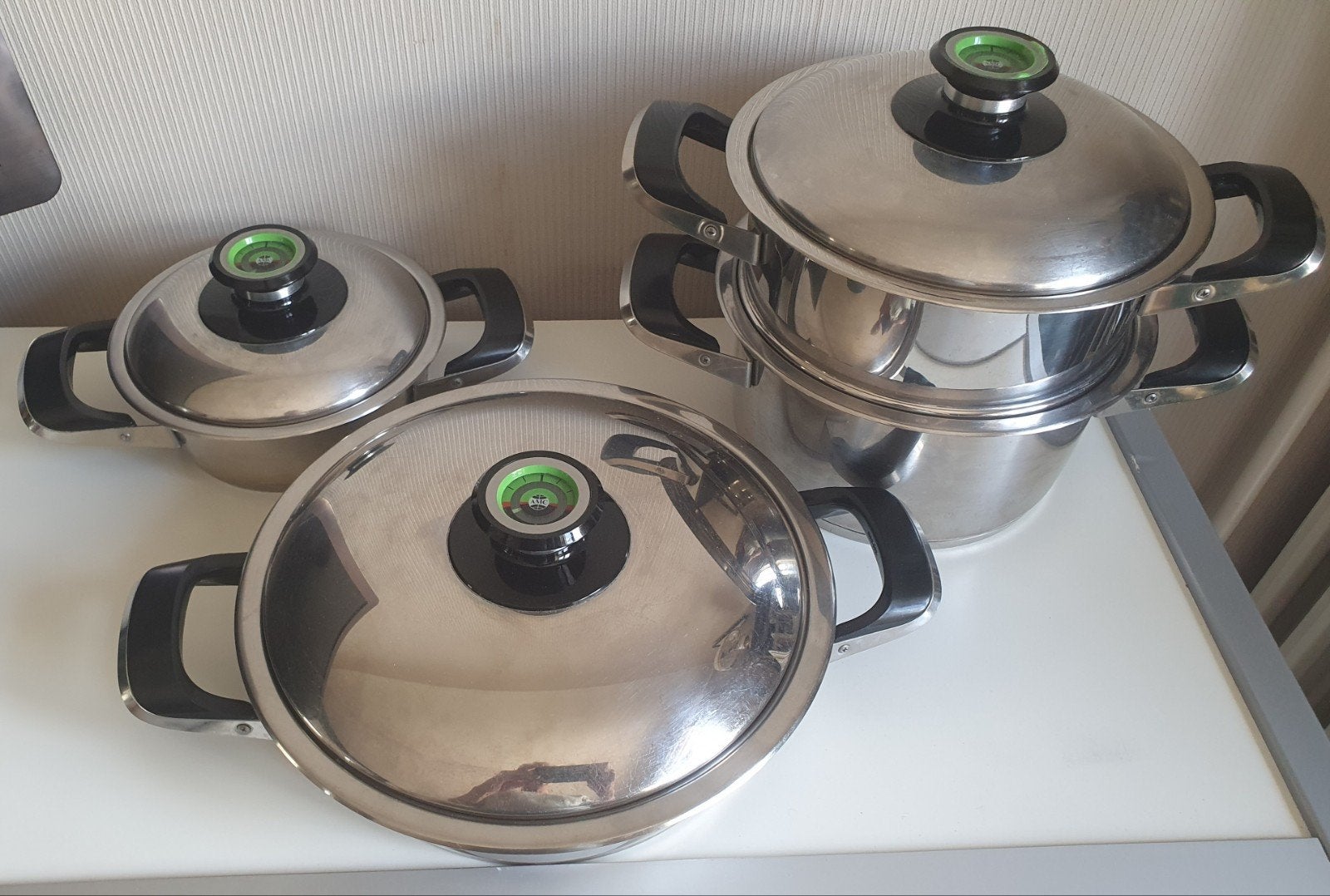 Originele 4-delige AMC Pannenset  (RVS), Maison & Meubles, Cuisine | Casseroles & Poêles, Inox, Avec couvercle, Enlèvement, Utilisé