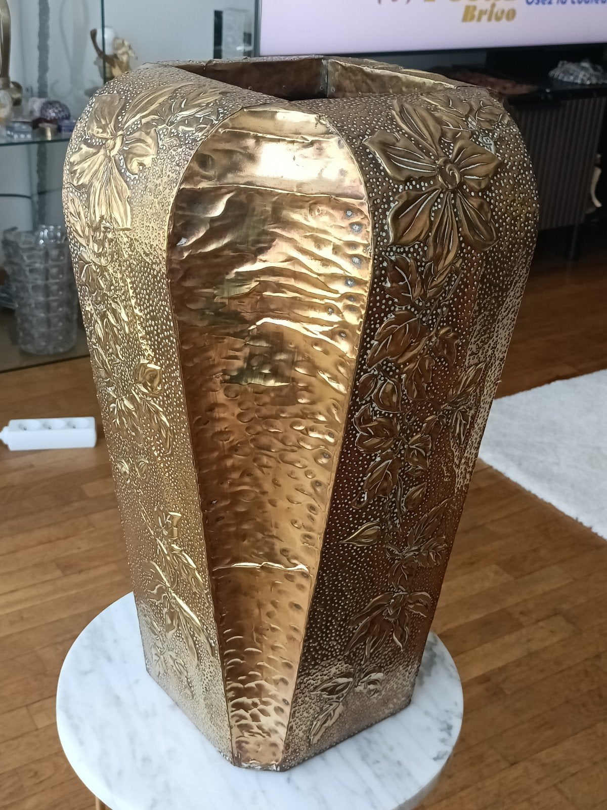 Porte parapluie luxe Art-Deco 1850 cuivre martelé repoussé., Enlèvement ou Envoi