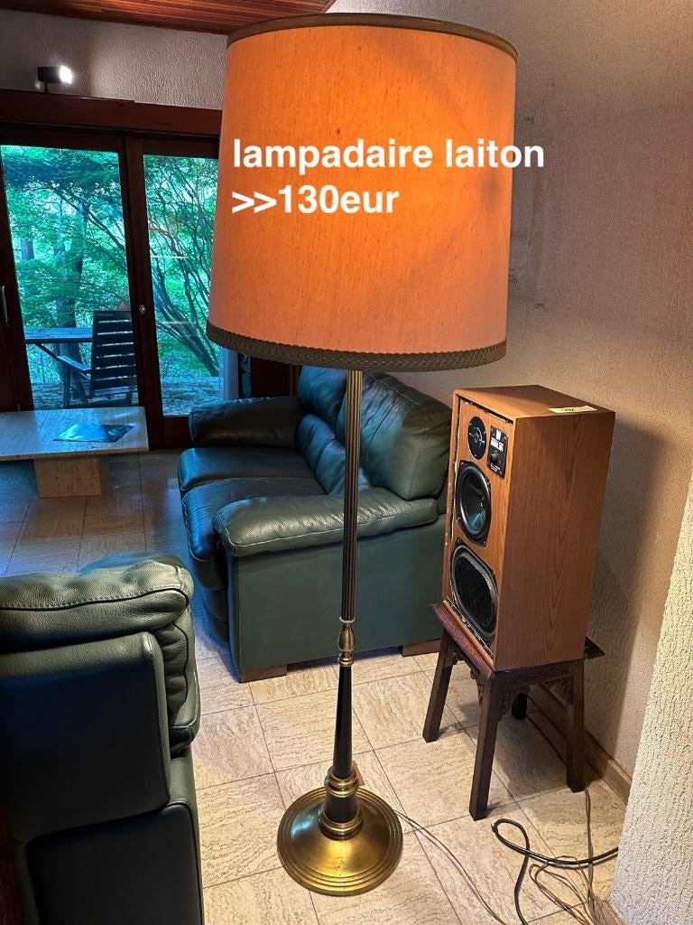 Vintage koperen vloerlamp met lampenkap, Ophalen, Gebruikt