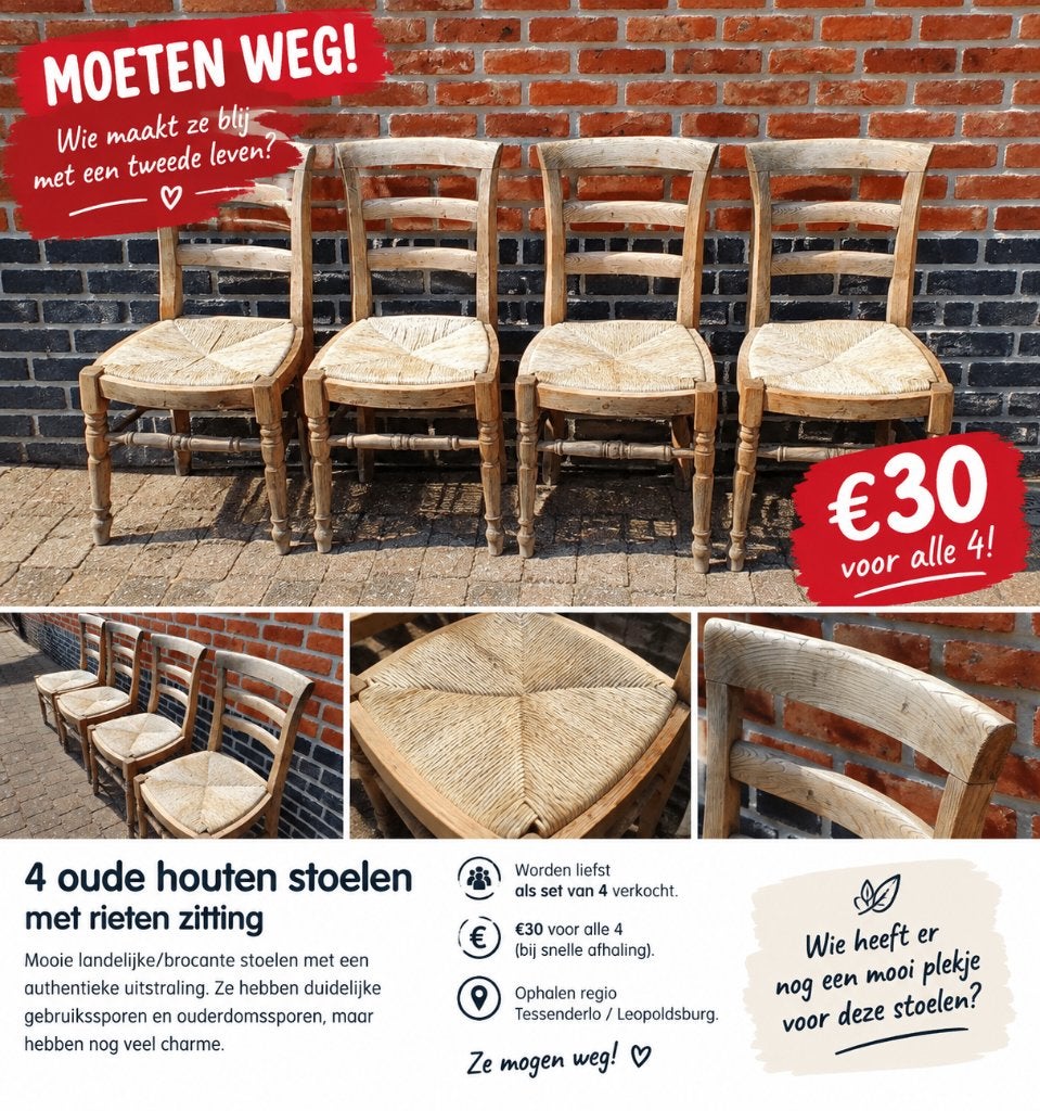 Mooie set van 4 oude stoelen! Brocante., Ophalen