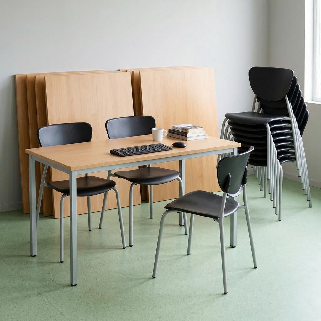 Set van 25 tafels + 40 stapelbare stoelen - gereduceerde pri, Huis en Inrichting, Tafels | Statafels, Zo goed als nieuw, Ophalen