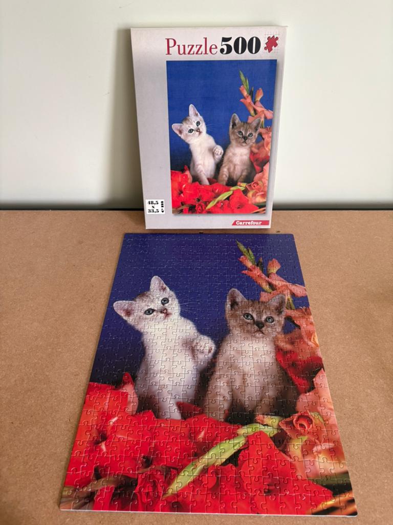Puzzel Carrefour: twee katten 500 stukjes, Hobby en Vrije tijd, Ophalen of Verzenden, 500 t/m 1500 stukjes, Gebruikt, Legpuzzel