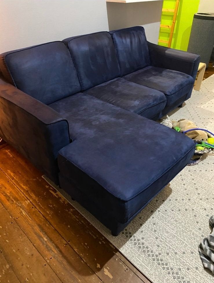 Donkerblauwe hoekbank met chaise longue, Ophalen, Gebruikt, 100 tot 125 cm, 150 tot 200 cm
