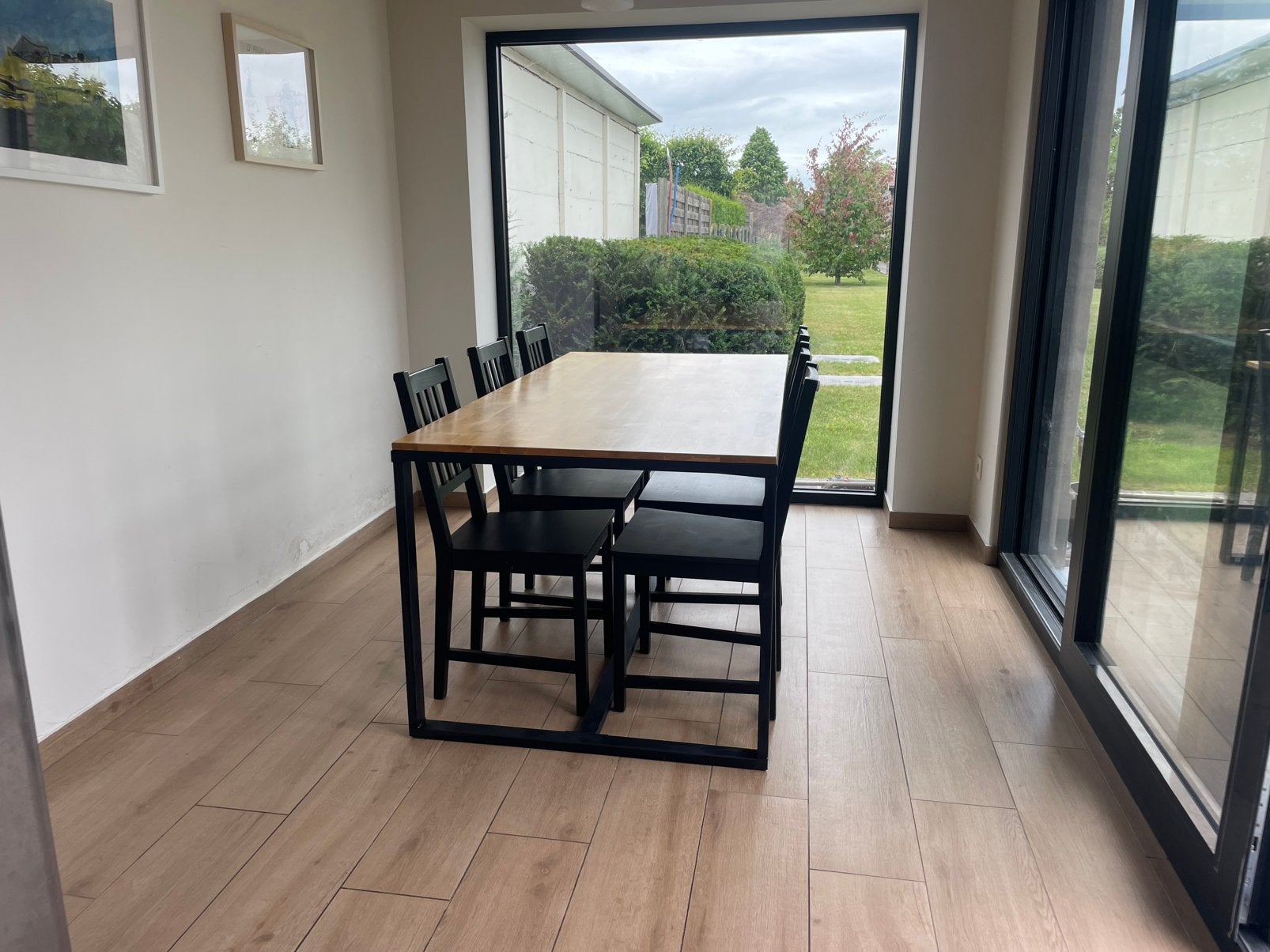 Volhouten tafel + 6 ikea stoelen, 100 à 150 cm, Cinq personnes ou plus, Enlèvement, Utilisé