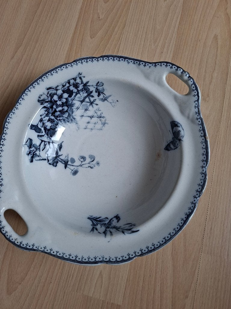 Antiek 'Malaga' blauw servies: sauskom,schaal,terrine,lepel, Enlèvement ou Envoi