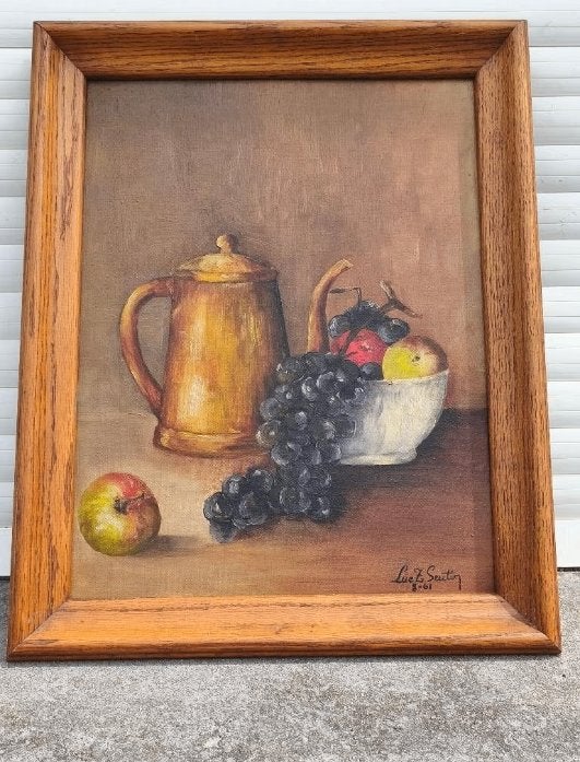 Huile sur toile cartonné nature morte signe luc seutin, Enlèvement ou Envoi, Nature morte, Toile
