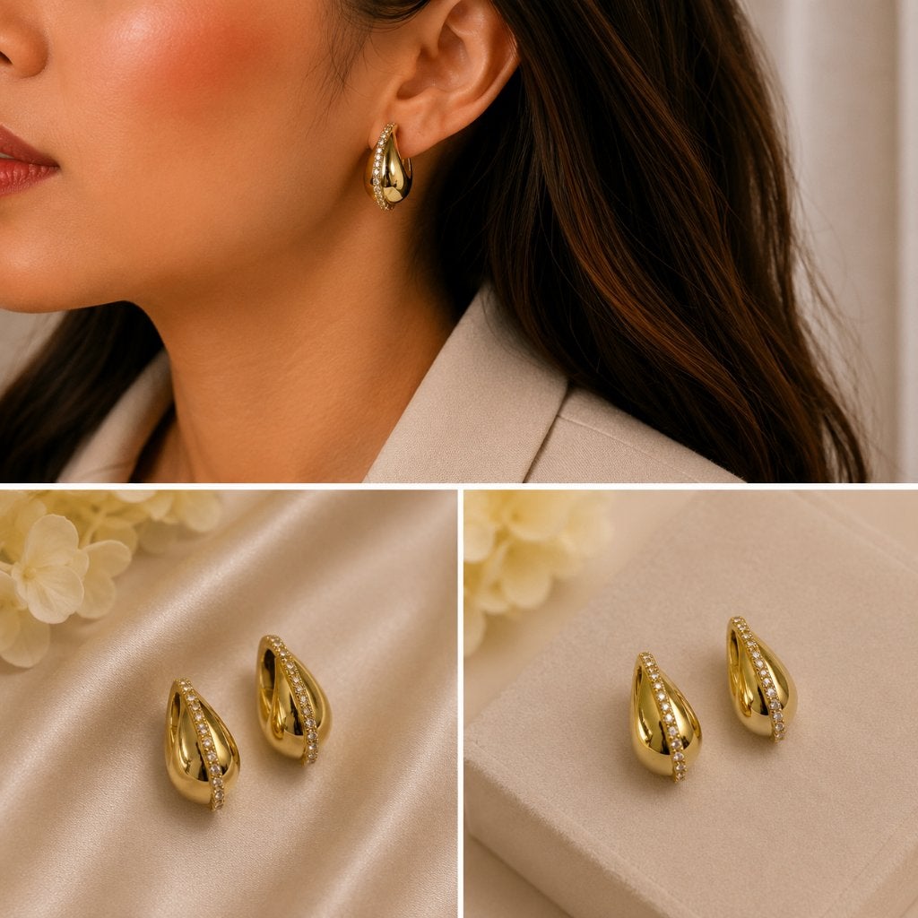 Luxe Goudkleurige Creolen met Strass Steentjes – NIEUW, Bijoux, Sacs & Beauté, Boucles d'oreilles, Enlèvement ou Envoi, Or, Or