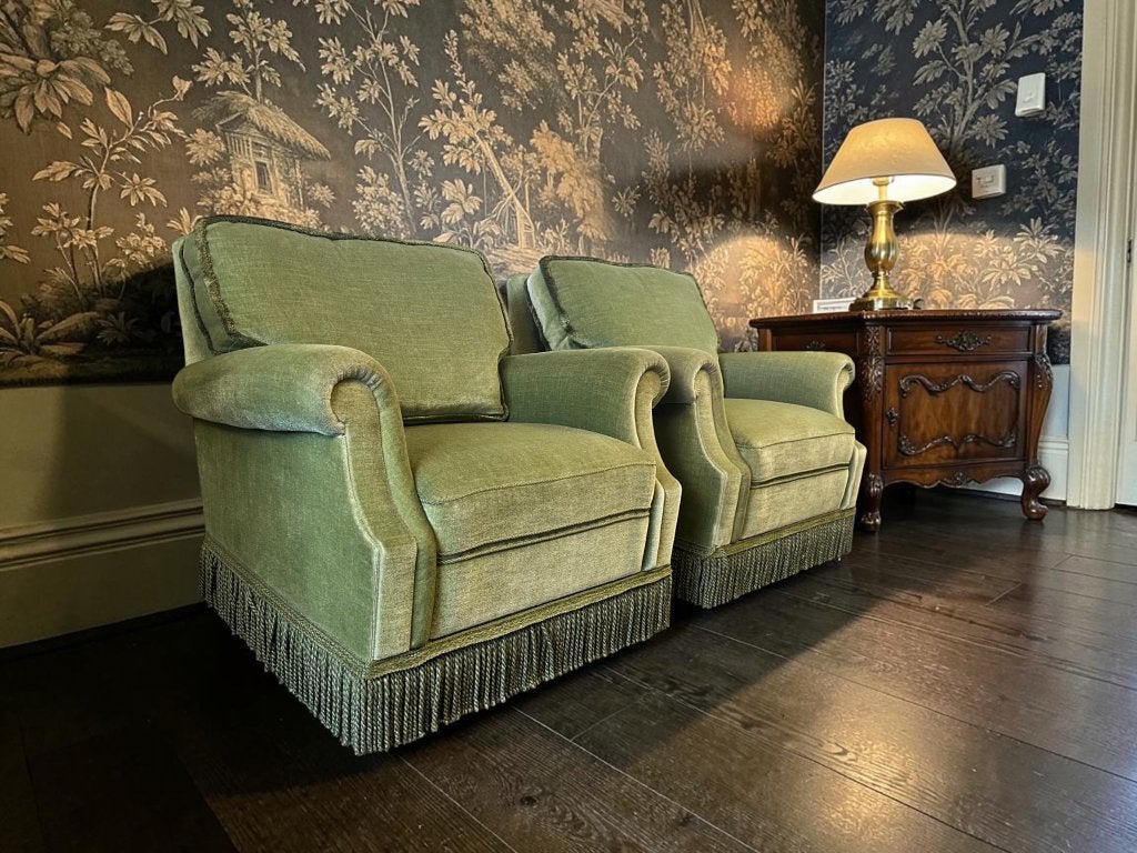 set van 2 vintage groene fauteuils/éénzitten met franjes, Ophalen