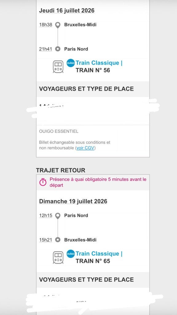 BRUSSEL-PARIJS 16-19 juli treinkaart Ouigo BTS WEEKEND, Tickets en Kaartjes, Trein, Bus en Vliegtuig, Eén persoon, Trein, Algemeen kaartje
