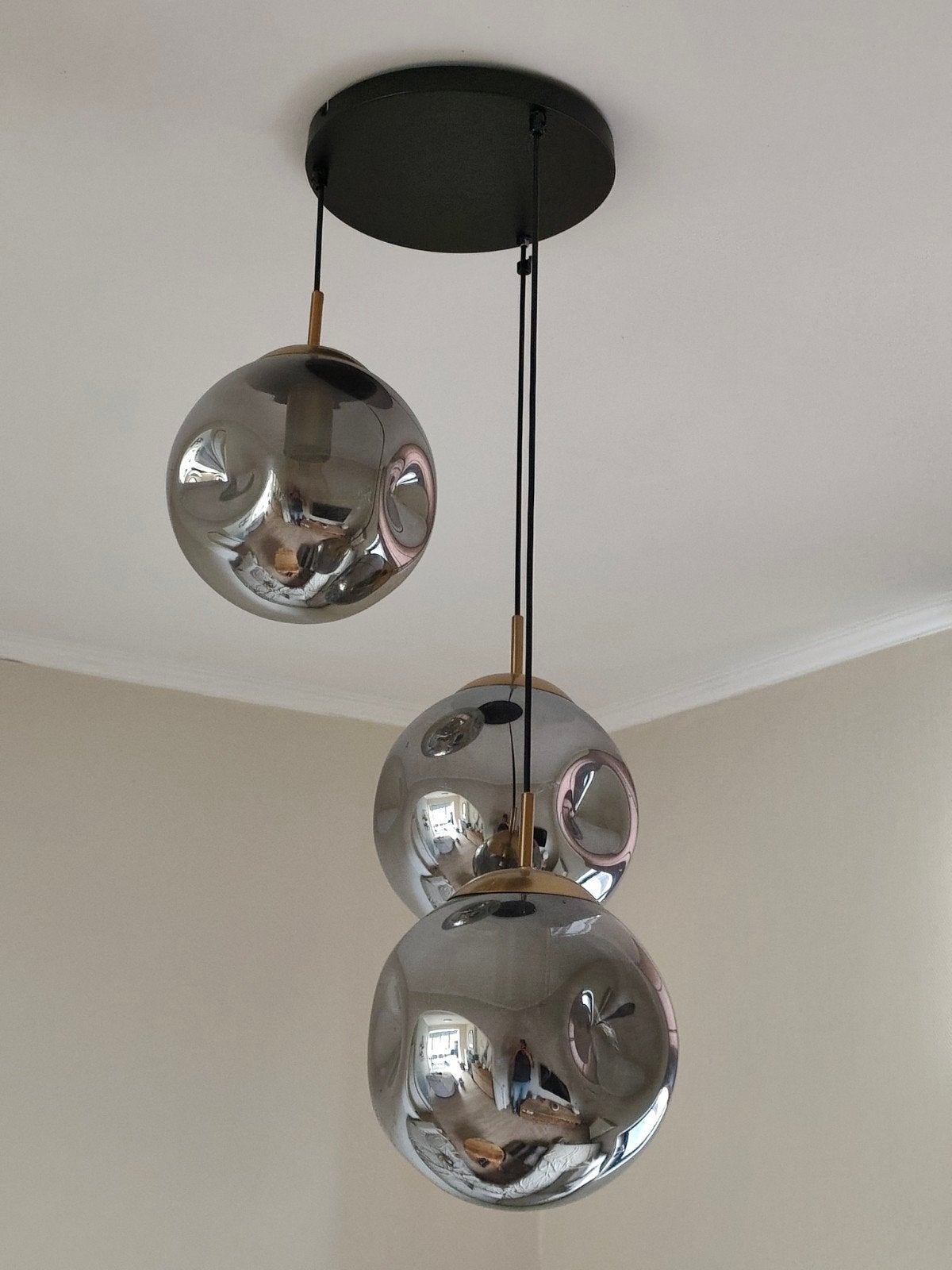 Hanglamp 3 halftransparante, zilvergrijze bollen, Ophalen, Modern, Vintage, E27 (groot), Glas