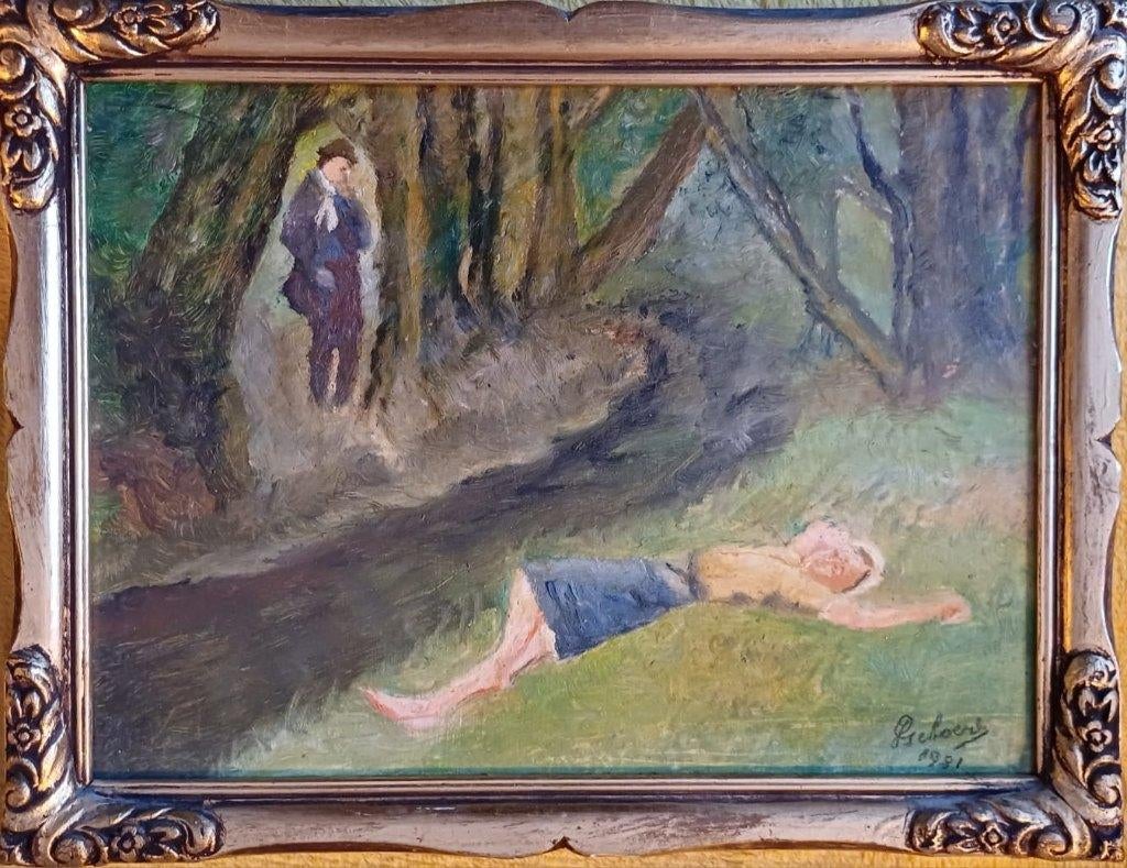 Schilderij van liggende vrouw, olieverf op doek, gesigneerd, Antiek en Kunst, Ophalen