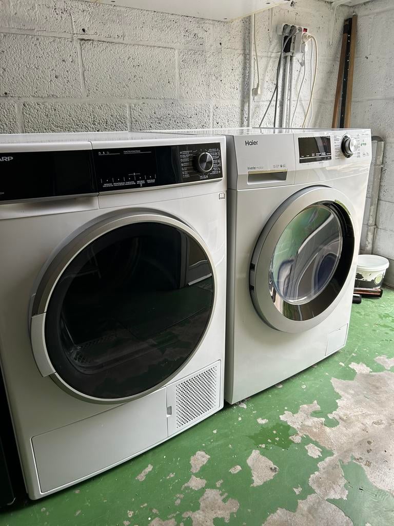 Haier 9kg wasmachine + Sharp 8kg warmtepompdroogkast, Elektronische apparatuur, Ophalen, Zo goed als nieuw