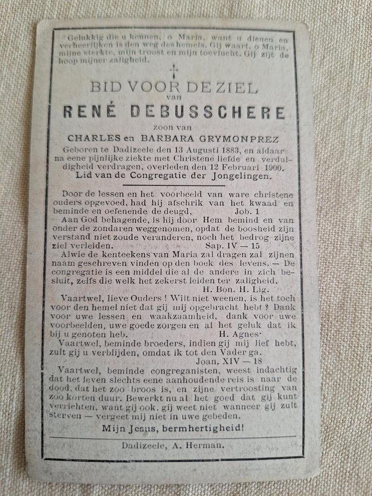 Bidprentje René Debusschere Dadizele 1883 - 1900, Verzamelen, Bidprentjes en Rouwkaarten, Ophalen of Verzenden, Bidprentje