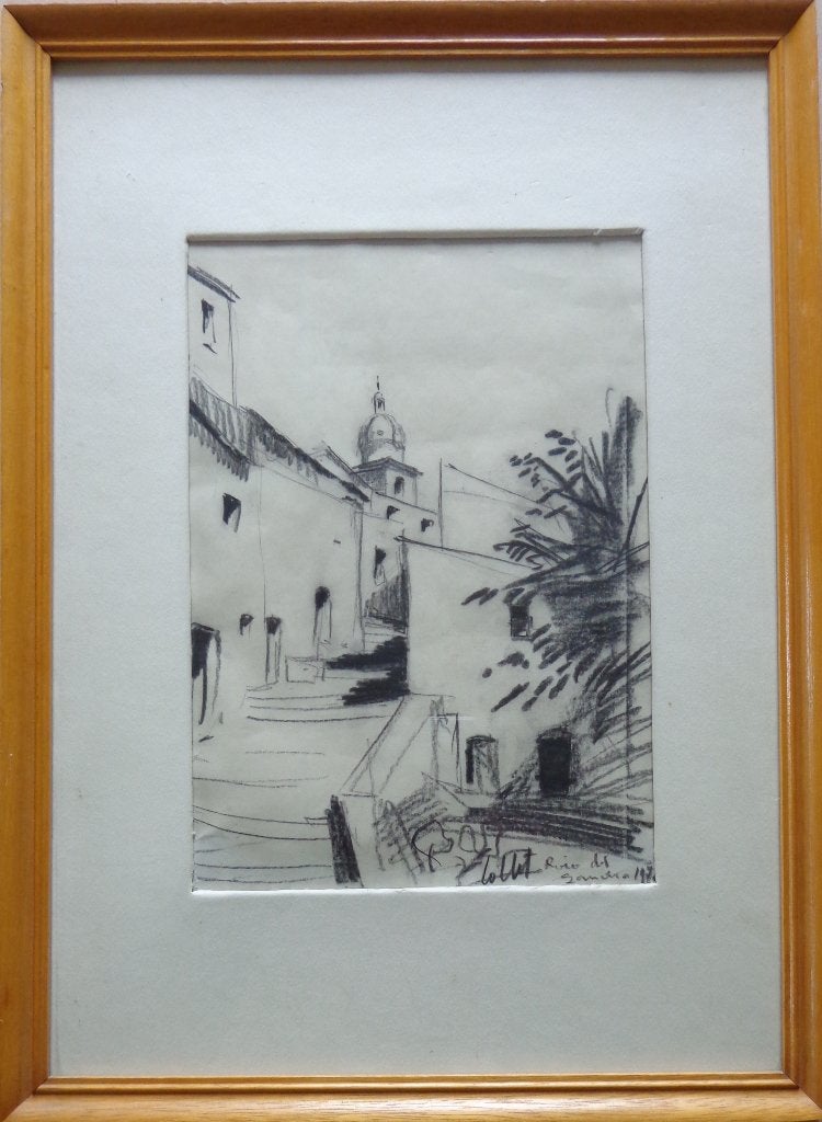 LOUIS COLLET / CERVERA SPANJE / ORIGINEEL / 45x32cm / KADER, Antiquités & Art, Enlèvement ou Envoi, Paysage urbain, Papier/carton