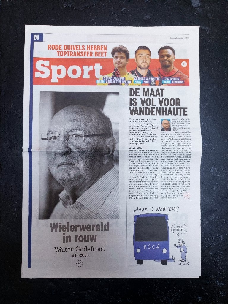 Walter Godefroot 1943-2025, Verzenden, Zo goed als nieuw, Krant