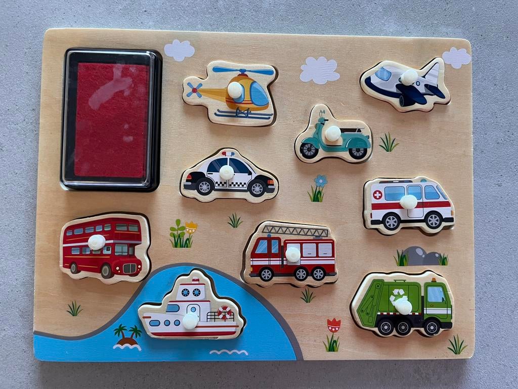 Houten puzzel voertuigen met stempel, Ophalen of Verzenden, Zo goed als nieuw, Van hout, Minder dan 10 stukjes