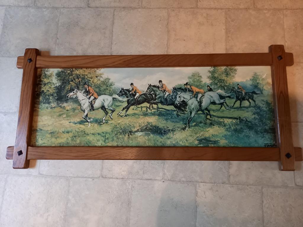 Grand cadre paysage de chasse, Maison & Meubles, 75 cm ou plus, Enlèvement, Utilisé, Bois