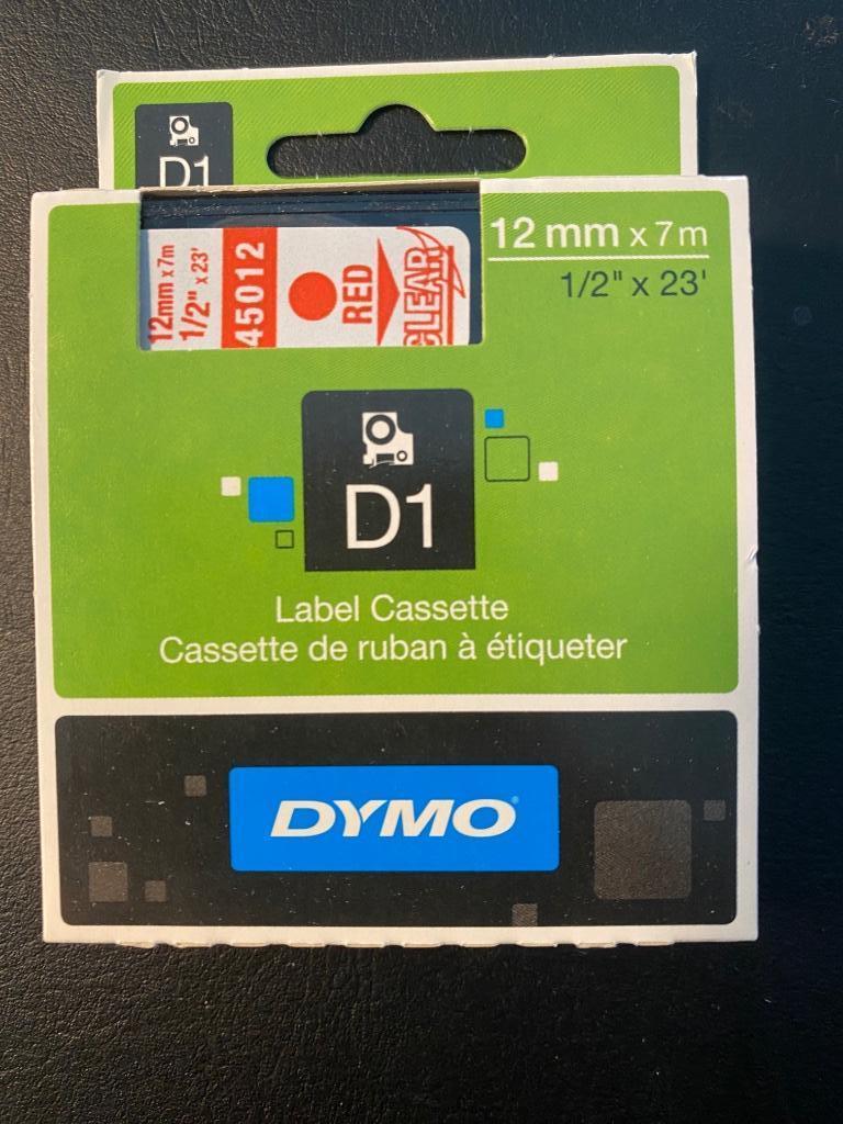 Dymo D1 Tape  45012 rood op transparant 12mm breed, Ophalen of Verzenden, Nieuw in verpakking, Overige typen