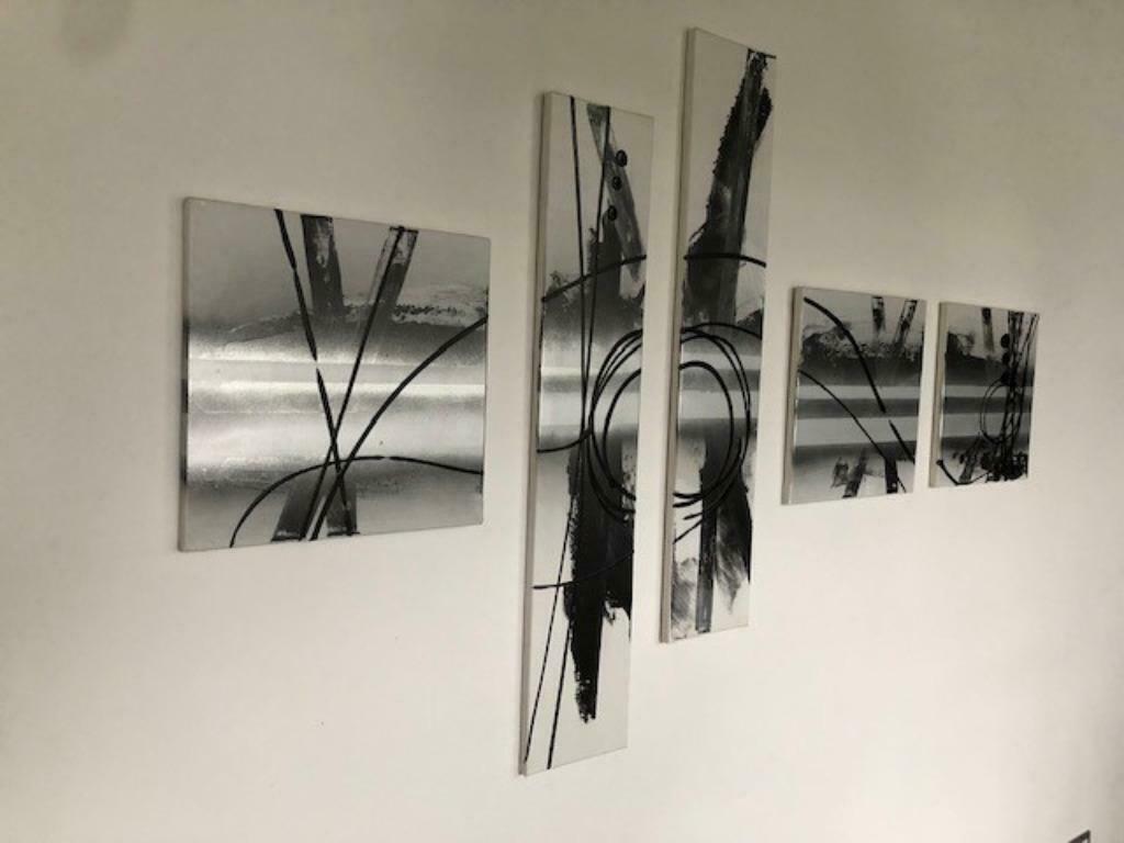 schilderij in wit, zilver en zwart - 5 panelen, Antiek en Kunst, Ophalen