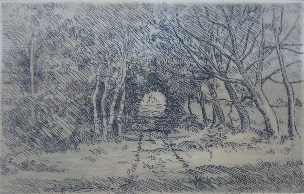 GUSTAVE DONNET / BOSZICHT /ZW-W ETS / 19x24cm / SIG, Ophalen of Verzenden