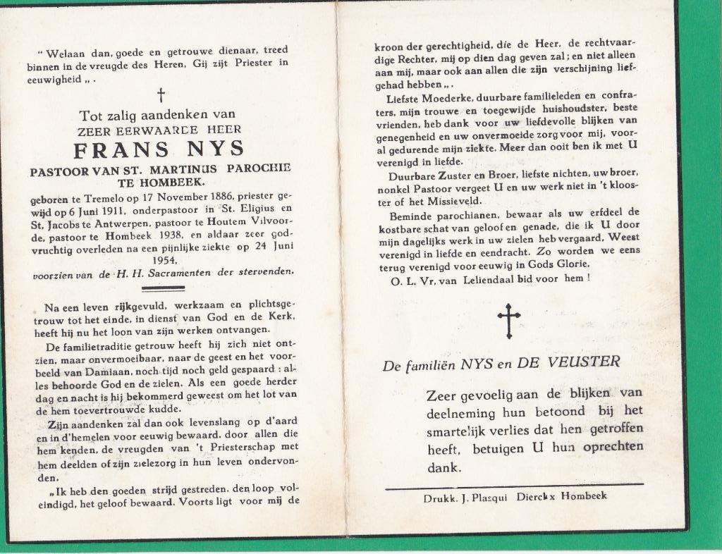Priester Frans Nys, Verzamelen, Verzenden, Bidprentje