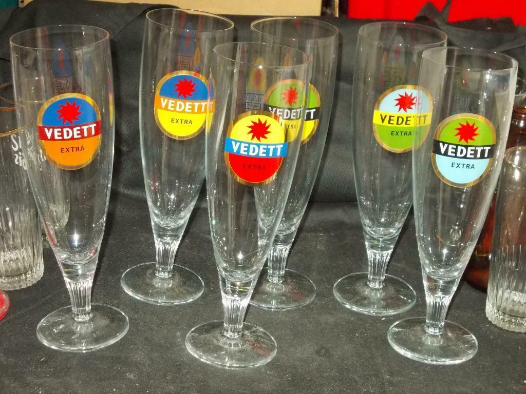 Bierglazen.Vedett.Extra Blond.Reeks 6 verschillende.Duvel, Verzamelen, Ophalen of Verzenden, Zo goed als nieuw, Glas of Glazen