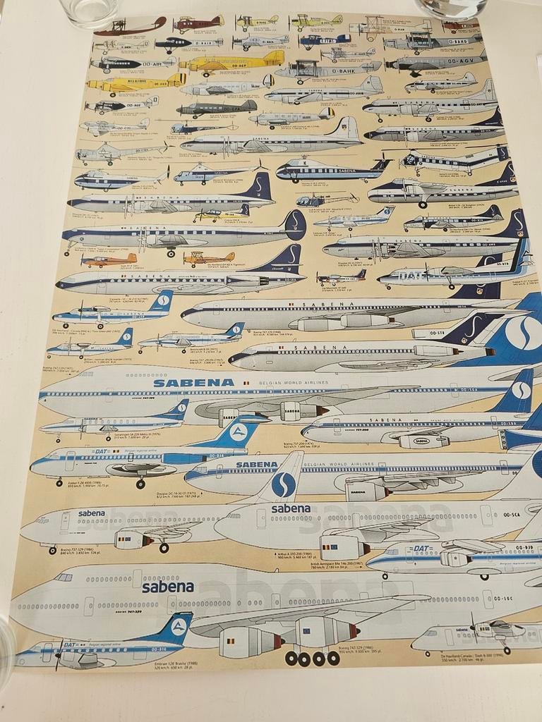 poster met verschillende vliegtuigen van Sabena,, Verzamelen, Sabenasouvenirs, Ophalen of Verzenden
