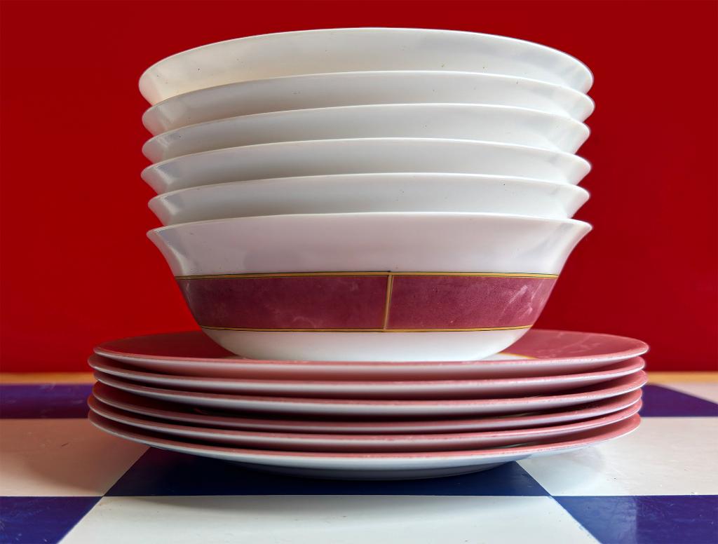 Vintage Arcopal  Set 6 (soep)kommen met bord – roze gemarmer, Enlèvement, Maison et Meubles