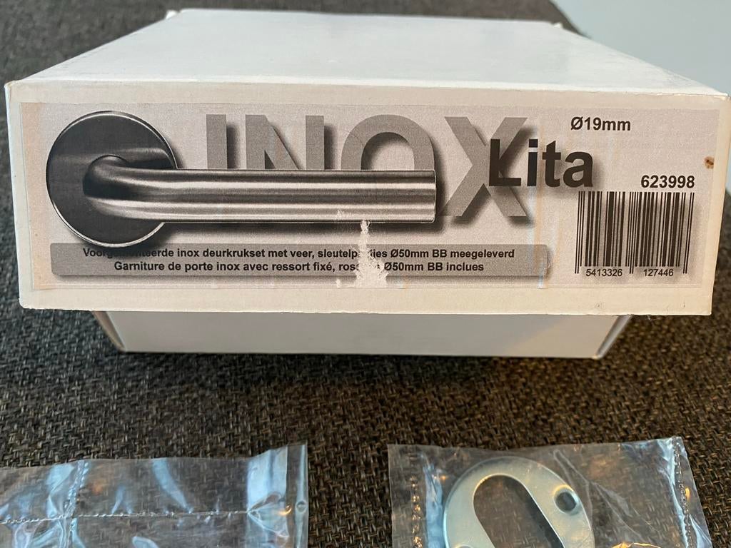 deurklinken: 4 x inox/geborsteld staal, ronde rozetten NIEUW, Enlèvement, Neuf, Inox