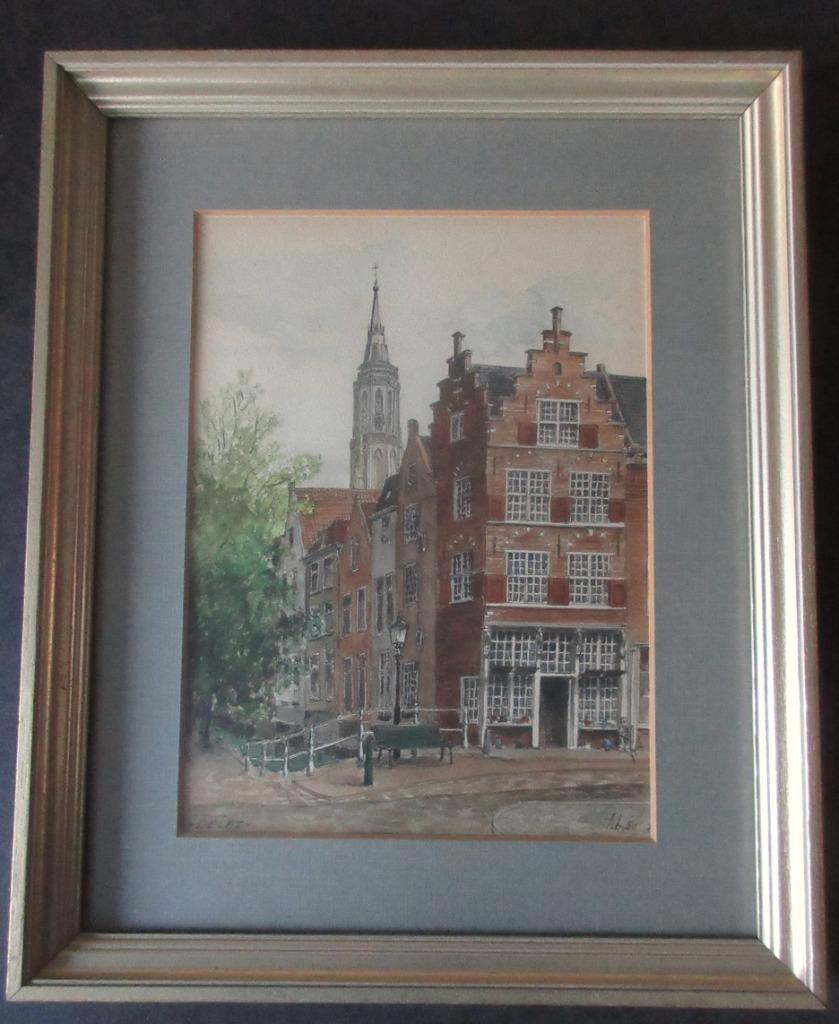 Aquarel Delft met zicht op Nieuwe Kerk - L. Boschmans, Ophalen of Verzenden