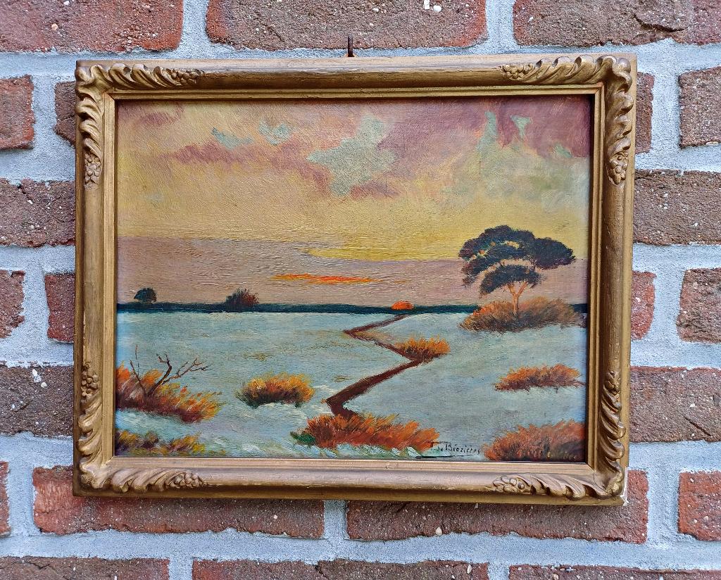 Schilderij op Paneel Gesigneerd Vintage met Gouden Lijst, Antiek en Kunst, Ophalen of Verzenden