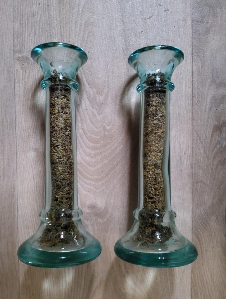 Kandelaars in oud glas / antieke kandelaars, Ophalen of Verzenden, Glas
