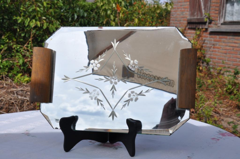 §  plateau art deco miroir taillé et bois, Enlèvement ou Envoi