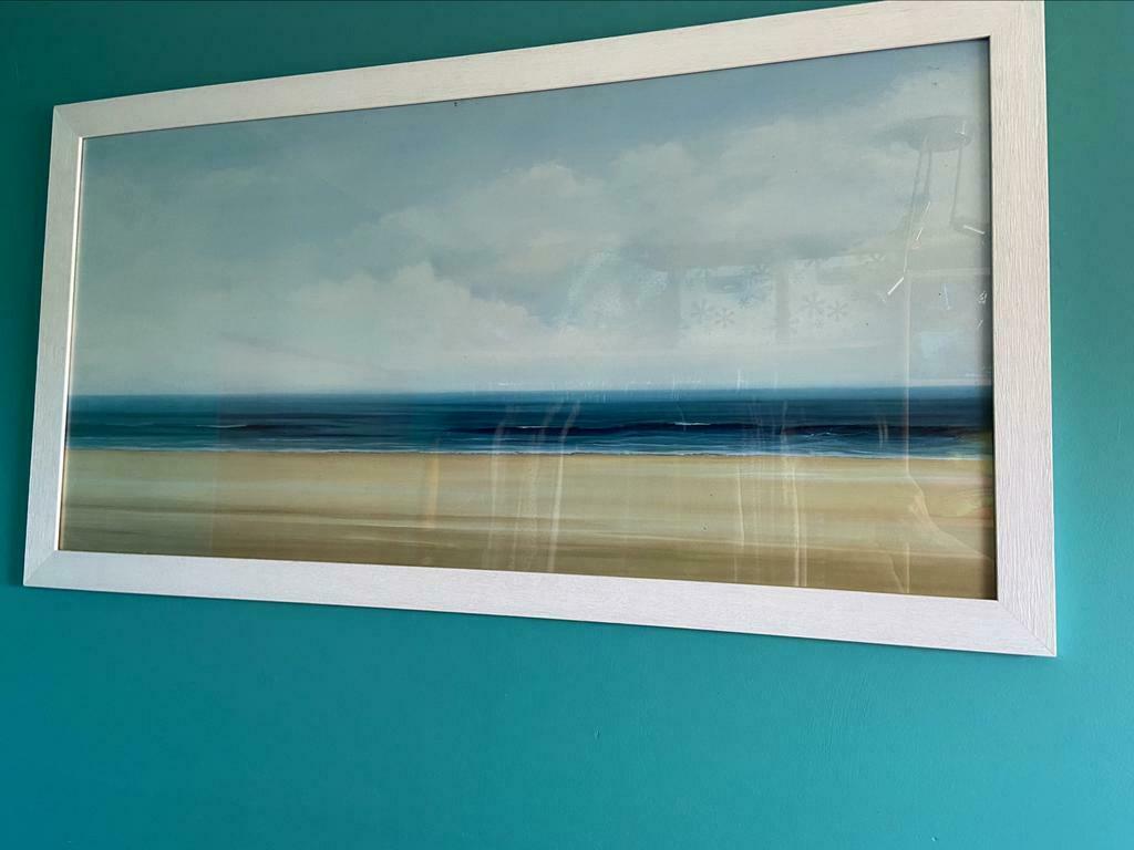 Cadre en bois blanc avec paysage mer, Comme neuf, 50 à 75 cm