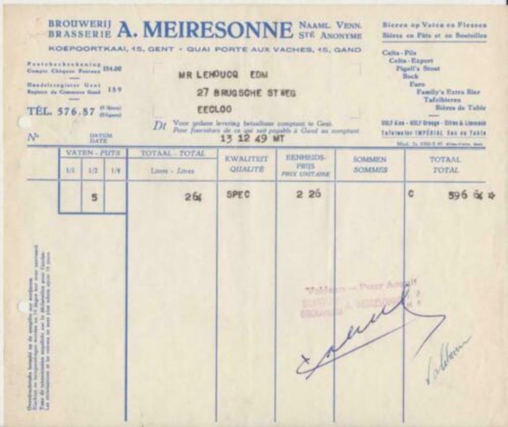 meiresonne 4 verschillende facturen, Verzamelen, Ophalen of Verzenden, Gebruikt, Duvel